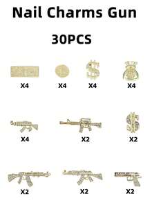 30件 3D美甲飾品，金色合金槍形與美金硬幣形美甲寶石，女性與女孩美甲藝術設計裝飾配件與用品，DIY藝術或手工製作 - 金色 - 查看 2