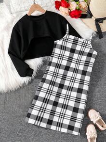 2pcs Girls' Fashion Casual Minimalist Spring/Autumn Outfit Set, Vintage Plaid Suspender Dress & Solid Color Knit Short Sleeve Top, Comfortable & Soft Outdoor Street Style Daily Wear For Teenagers - Black - View 1