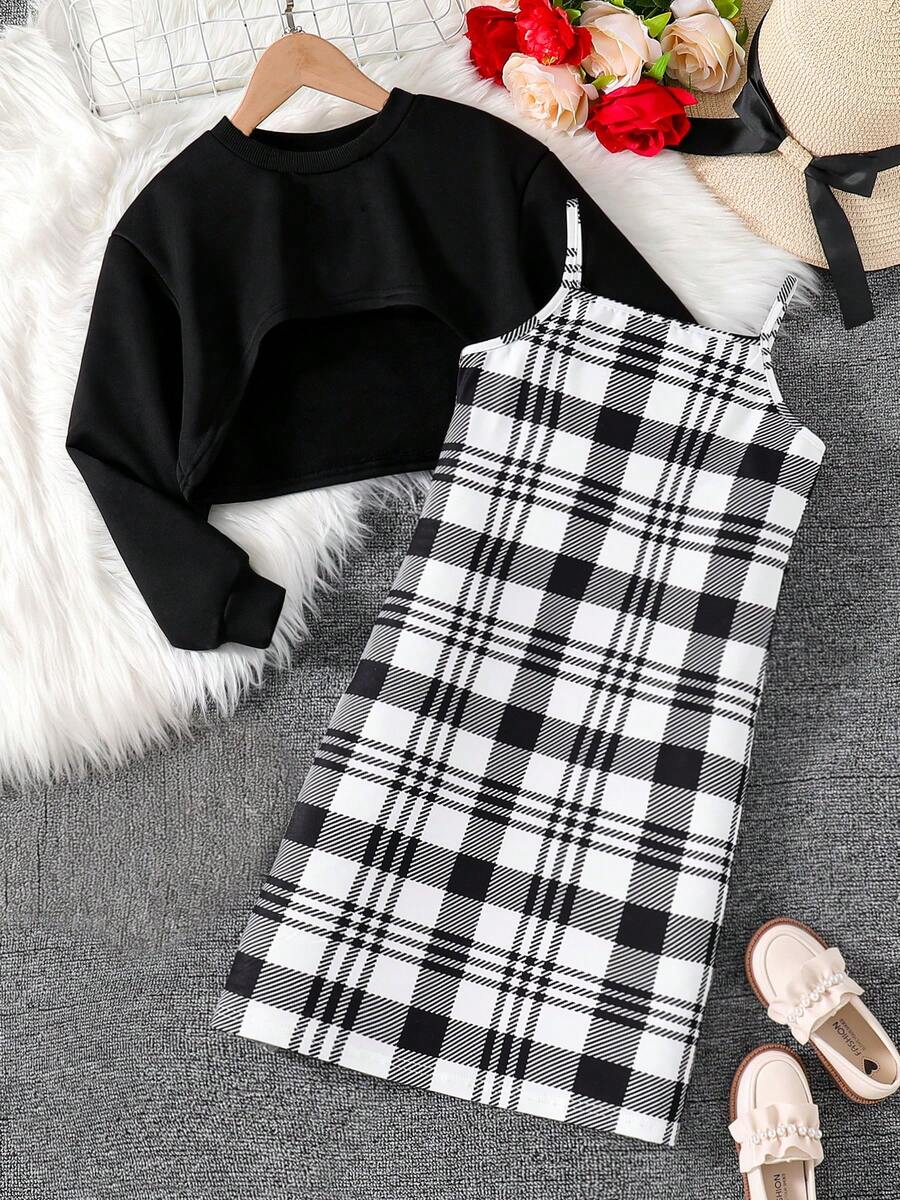 2pcs Girls' Fashion Casual Minimalist Spring/Autumn Outfit Set, Vintage Plaid Suspender Dress & Solid Color Knit Short Sleeve Top, Comfortable & Soft Outdoor Street Style Daily Wear For Teenagers - Black - View 1