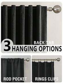 1pc And 2pcs Blackout Curtains/Faux Linen Texture 100% Full Blackout Curtains/Rod Pocket Curtains/Back Tab Curtains/Clip-On Curtains/Light Blocking Room Darkening Curtains/Grey Back Curtains/Multiple Colors And Sizes Available/Bedroom Curtains/Homestay Curtains/Curtain Decor/Black Curtains - Black - View 5