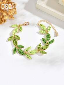 OOQ 1pc Summer Vacation Style 3D Leaf Handmade Women's Fashion Chain Bracelet, Summer Beach Seaside Travel Party Ball Dress Accessory, Mother's Day Valentine's Day Gift For Friends (Handmade Weaving Method Random, Pure Handmade May Occasionally Have Glue Residue) - Green - View 5