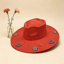 Elegant  Felt Hat With Sparkly Rhinestone Butterfly  Flower Details For Daily  Vacation Outfits - Red - View 3