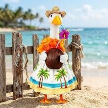 Porch Goose Hawaii Outfit Coconut Tree Print Dress Straw Hat Flower Lei Coconut 4-Piece Set For 23 Inch Goose - White - View 2