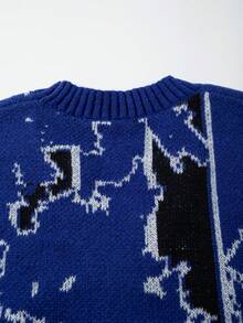 ANDREILEE Blue USA Map Print Casual Cardigan, Unisex High Street Fashion Versatile V-Neck Long Sleeve Button-Up Ribbed Knit Sweater For Commute & Daily Wear - Blue - View 9