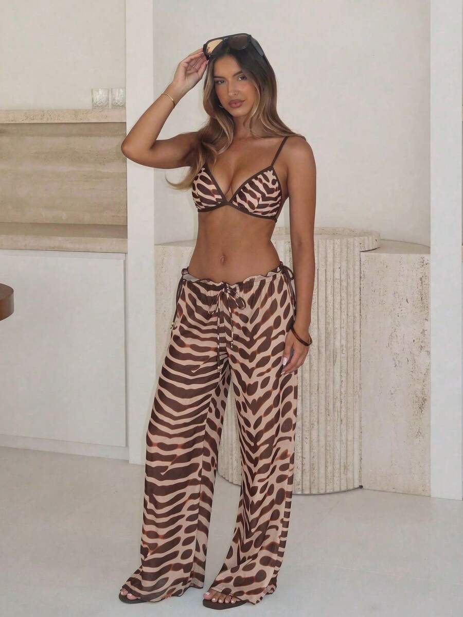Polovedo Official, 2026 Summer New Style, Women's Elegant Beach Vacation Style, Brown Striped Print, Casual Bikini Set With Flared Pants, Suitable For Party, Gathering And Beach Vacation - Multicolor - View 1