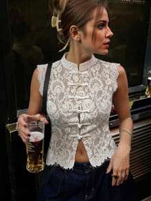 Women's New Chinese Style Frog Button Lace Vest, Stand Collar Sleeveless Crop Top, Modified Cheongsam Style Tank Summer - White - View 5