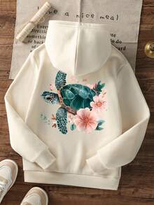 Girls Watercolor Sea Turtle Floral Back Print Hoodie, Casual Loose Pullover - Apricot - View 3