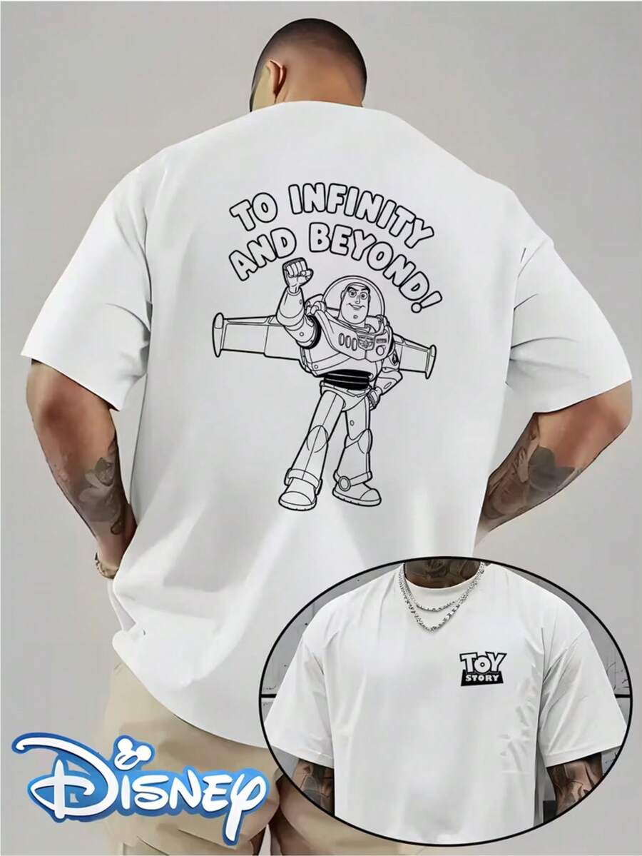 Disney Genuine Authorization, Toy Story Buzz Lightyear Line Sketch Minimalist Pattern Printing, Men's Short-Sleeved T-Shirts, Men's T-Shirts - White - View 1