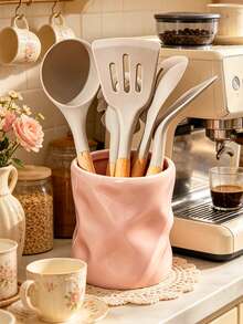1pc Pink Resin Kitchen Utensil Holder, Stylish Wavy Countertop Organizer, Suitable For Kitchen Countertop, Country Style Kitchen Decor Storage, Used For Storing Spoons, Spatulas And Other Cooking Tools, Modern Home Kitchen Accessories, Suitable For Home Dining Room Coffee Bar, Durable Resin Material, Beautiful Countertop Storage Jar For Daily Use, Can Store Whisks, Spoons, Tongs And More, Space-Saving Kitchen Organization Solution, Suitable For Small Kitchen Apartment Country Home Decor, Great Housewarming Gift - Multicolor - View 7