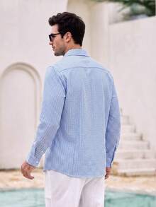 Mercer Haus Men's Casual Striped Textured Fabric Shirt, Suitable For Summer Vacation Beach. - Blue - View 2