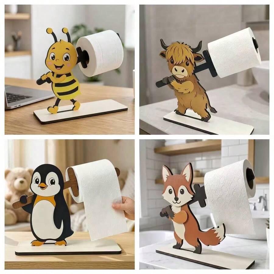 Cartoon Animal Wood Paper Towel Holder, Decorative Kitchen Roll Stand For Countertop