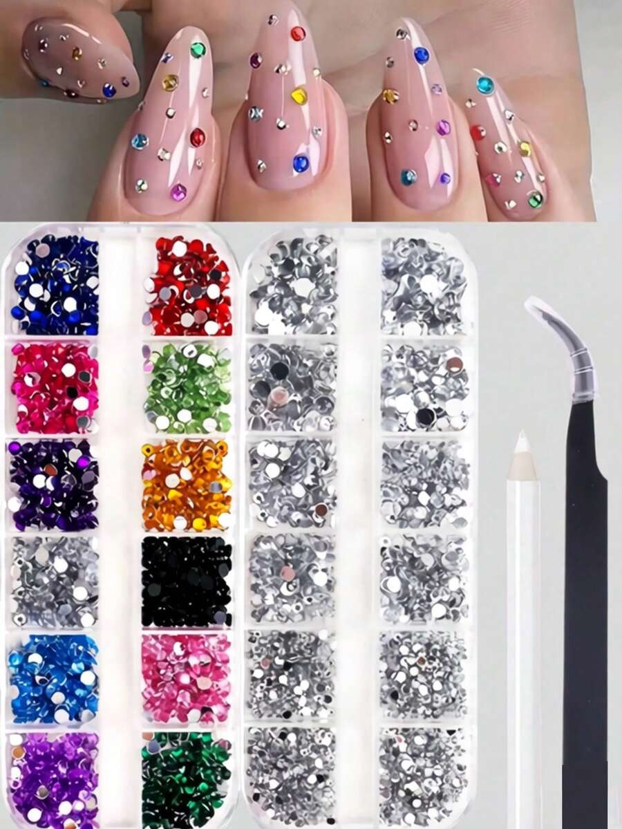12-Grid Multi-Size 3D Nail Art Rhinestones - Vibrant Acrylic Gems & For DIY Nail Art Decoration, Multiple Colors (Pink, Blue, Green, Red, Purple) - Perfect For Creating Stunning Nail Art Designs, Nail Art Accessories Nail Charms - Multicolor - View 1