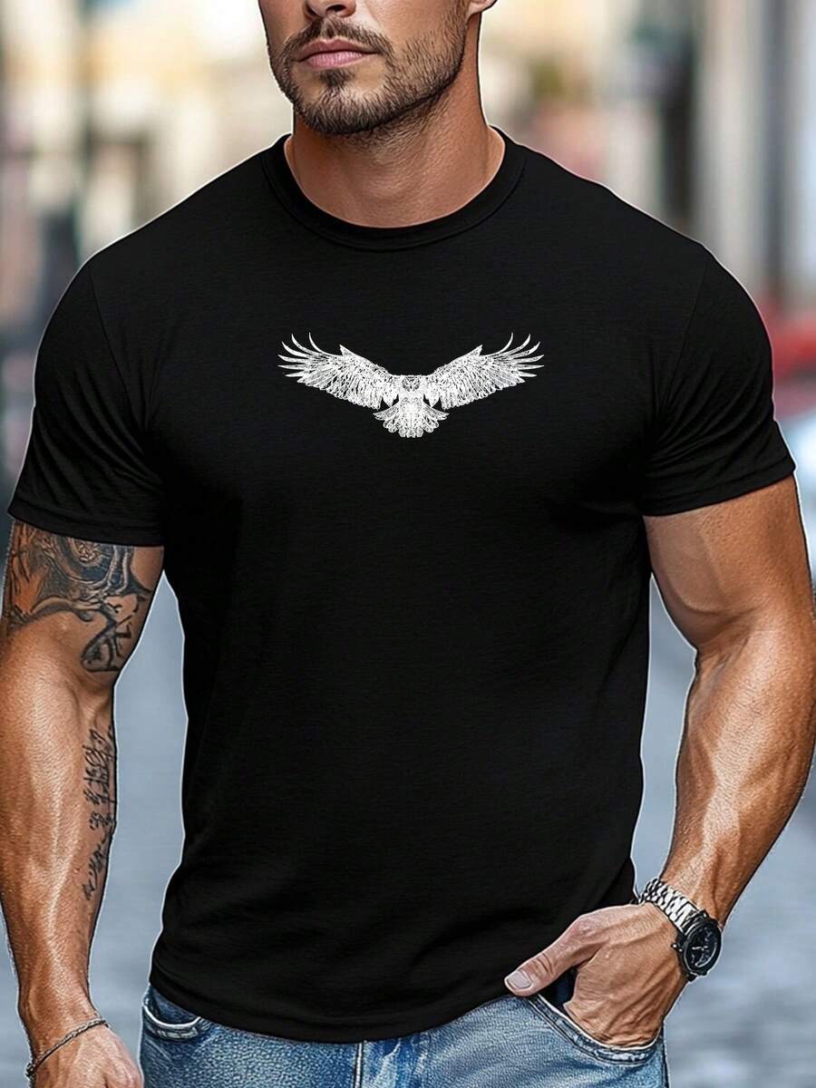 Camiseta de hombre de talla, relajada y casual, cómoda y versátil, camiseta de verano de manga corta para hombre con un estampado de pájaro blanco. - Negro - Ver 1