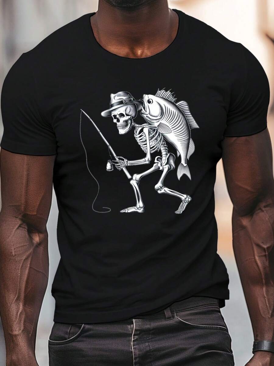 Camiseta casual de hombre, de corte holgado, con estampado de calaveras y pesca,% poliéster, cuello redondo, corte regular, patrón geométrico, manga corta de verano para uso diario. - Negro - Ver 1