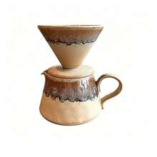 Set Kopi Tuang Keramik Glasir Tungku Antik, Cangkir Filter Berbentuk V, Alat Penyajian, Pembuat Kopi Tetes Rumahan dengan Penggiling Manual, Set Lengkap - Sampanye - View 1