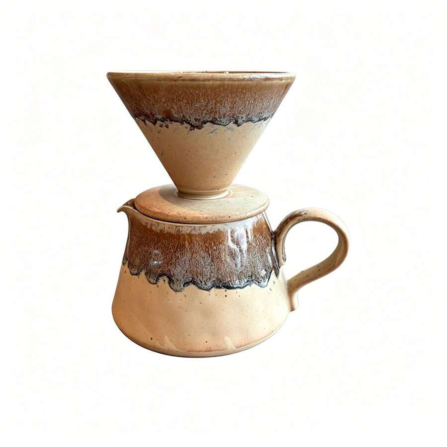 Set Kopi Tuang Keramik Glasir Tungku Antik, Cangkir Filter Berbentuk V, Alat Penyajian, Pembuat Kopi Tetes Rumahan dengan Penggiling Manual, Set Lengkap - Sampanye - View 1