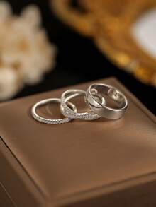 Gift Box 3pcs Silver Ring Set, Wide Polished Band, Zirconia Eternity Ring And Twisted Full Rhinestone Ring, Unisex Stackable Couple Rings - Silver - View 8