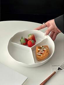 1pc Minimalist Cream Style Ceramic Plate, Single Person Serving Plate, Fruit Plate, 3-Compartment Main Dish Divider Plate - Multicolor - View 4