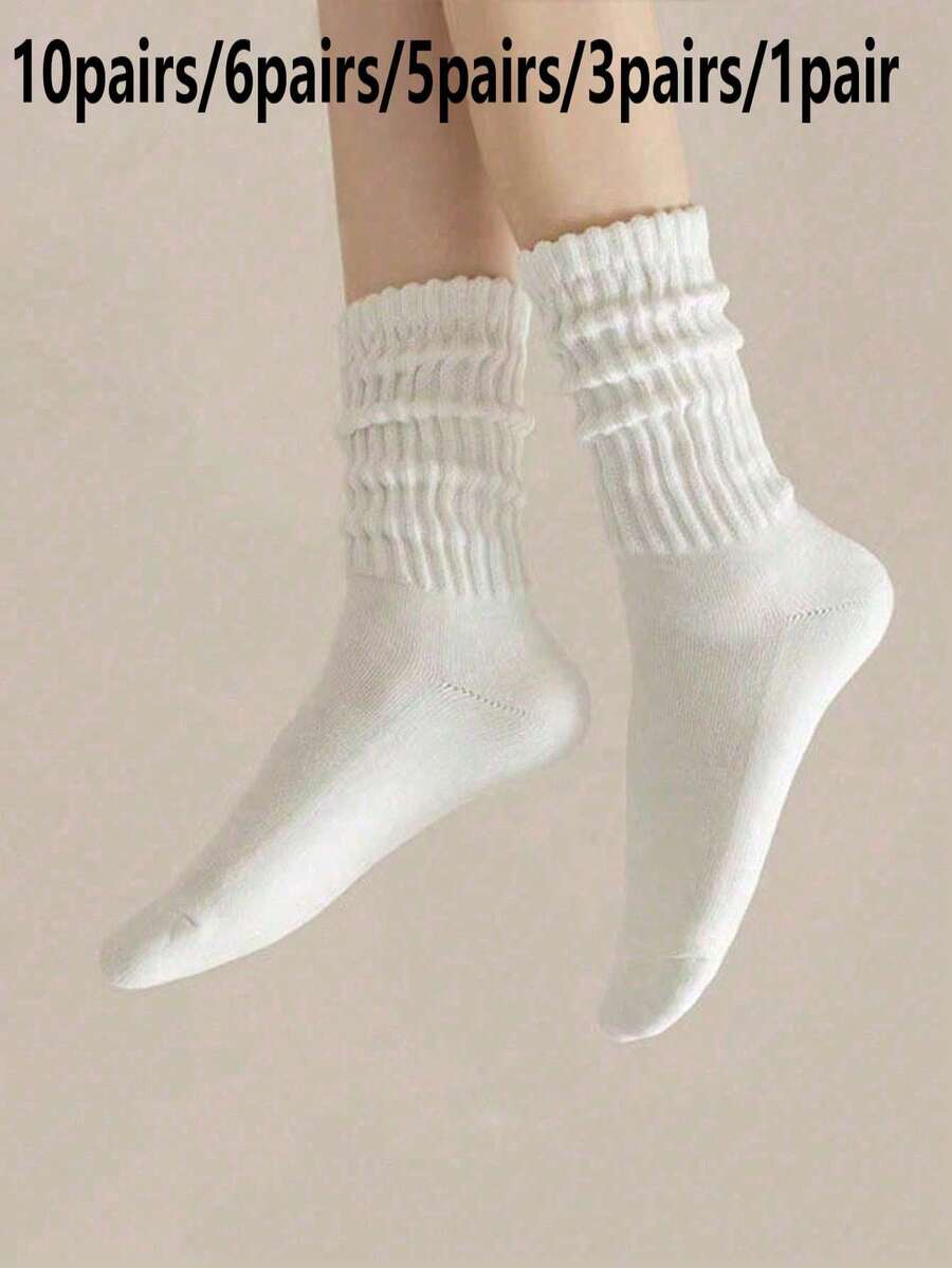 10/6/5/3/1雙 純白色女款中筒鬆垮襪，簡約時尚休閒百搭保暖護足舒適柔軟彈性耐穿中筒襪，適合日常穿著