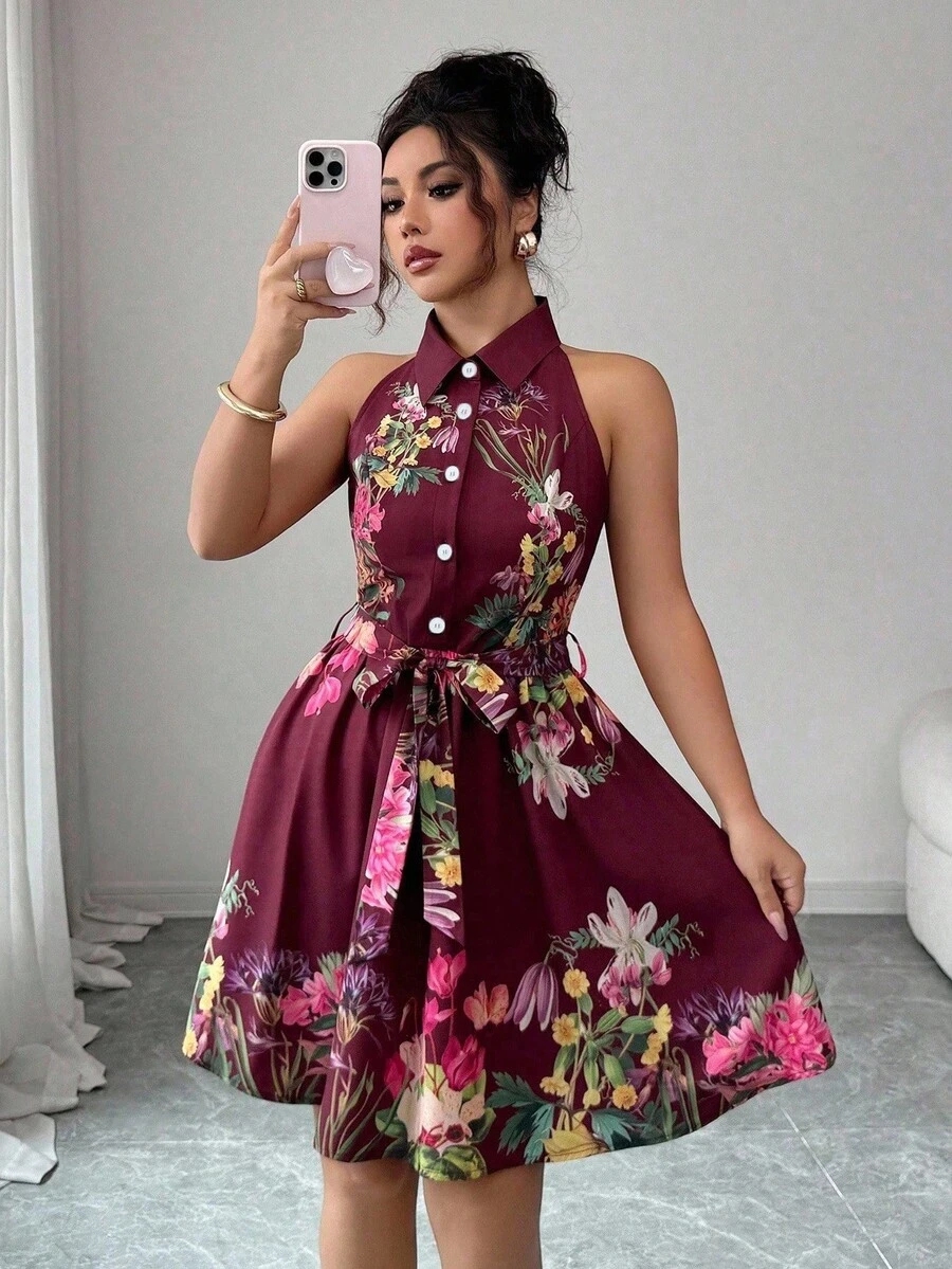 Vestido elegante de vacaciones con estampado floral, cuello halter y abotonadura sencilla para mujer - Multicolor 11 - Ver 1