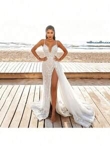 Elegant And Sexy Summer New European And American Women's Clothing Sexy Suspender Dress Sleeveless V-Neck Split Lace Hollow, Long Dress - trắng - Xem 2