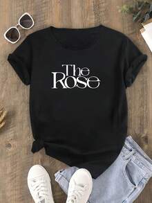 Camiseta con alfabeto de rosas. Poliéster, cuello redondo. - Negro - Ver 1