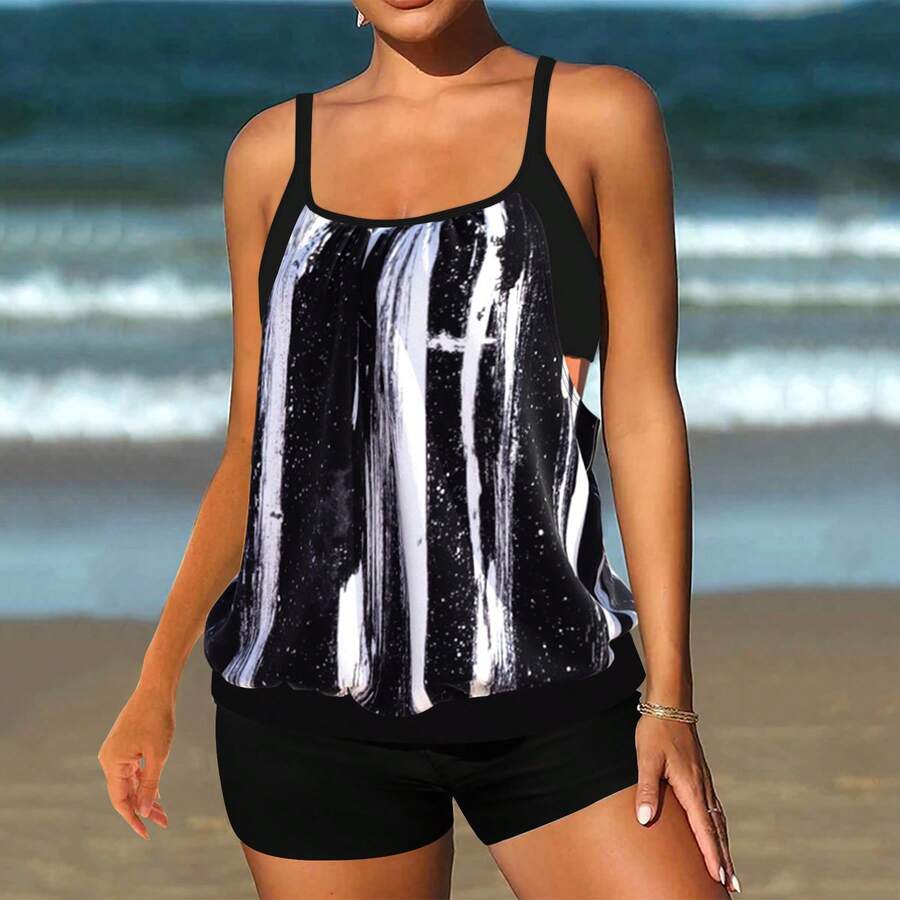 New Bikini Styles For 2026: Women's Printed Two-Piece Swimsuit - 黑色 - 查看 1