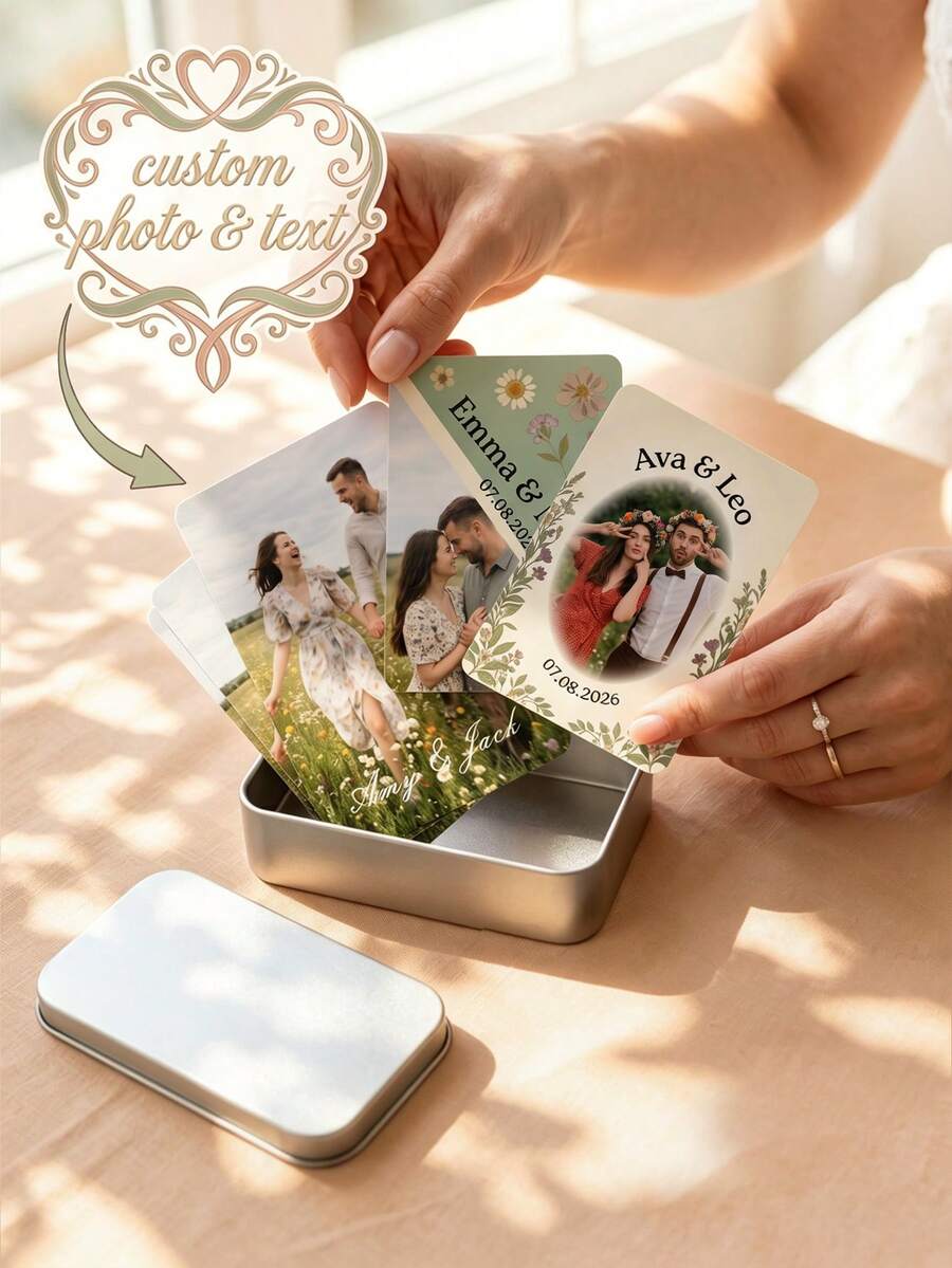 1Set Custom Couple Photo & Text Card With Tin Box, Personalized Wedding/Anniversary Memory Card Set, Floral Design, Durable Cardstock; Ideal Gift For Lovers, Wedding Favors, Anniversary Souvenirs & Keepsakes, Custom Photo Gift - Multicolor - View 1