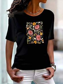 Camiseta de Verano con Estampado Gráfico para Mujer, Talla Grande, Manga Corta, Cuello Redondo, Diseño Novedoso, Casual, Divertida, Oversize, 100% Poliéster, 1 Pieza, 220g - Negro - Ver 1