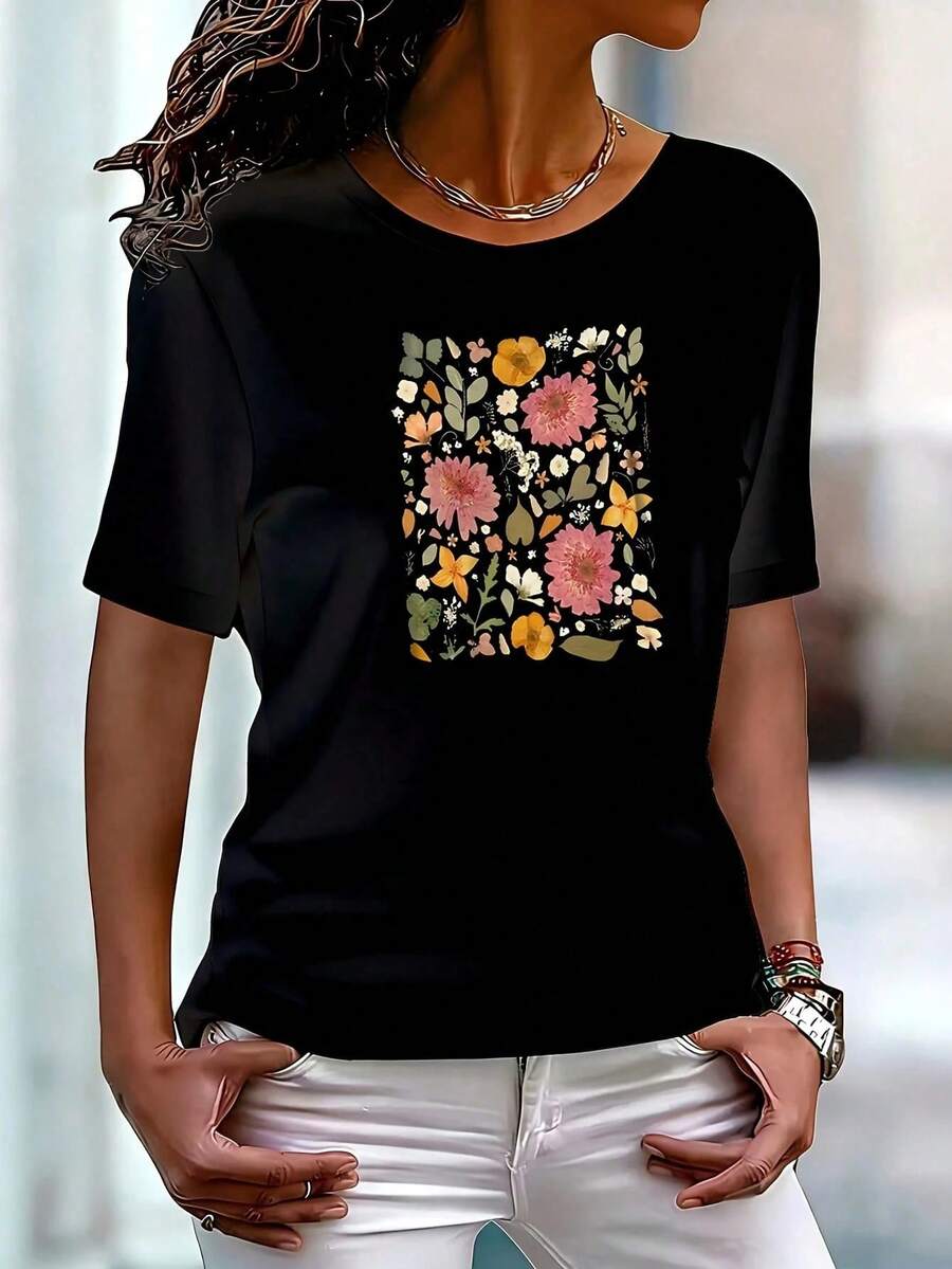 Camiseta de Verano con Estampado Gráfico para Mujer, Talla Grande, Manga Corta, Cuello Redondo, Diseño Novedoso, Casual, Divertida, Oversize, 100% Poliéster, 1 Pieza, 220g - Negro - Ver 1