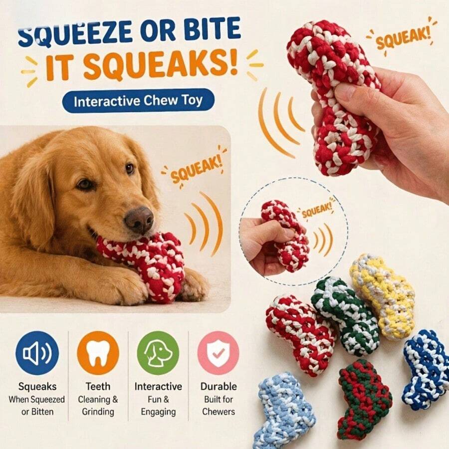 1PC Dog Chew Toys ,Durable Interactive Squeaking Toy For Aggressive Chewers, Bite-Resistant Teeth Cleaning Toy, Pet Molar Grinding Toy For Puppy Teething, Squeaker Rope Toy For Small Medium Dogs, Engaging Play Toy For Stress Relief & Boredom - Multicolor - View 1