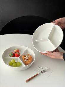 1pc Minimalist Cream Style Ceramic Plate, Single Person Serving Plate, Fruit Plate, 3-Compartment Main Dish Divider Plate - Multicolor - View 5