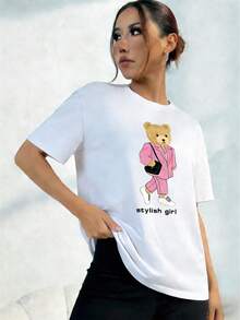T-Shirt With Printed Letters And Bears, Comfortable Cotton - Apricot - View 6