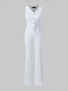 Casual Elegant Commute Daily Office Business Single-Breasted Vest And Flare Pants 2 Pieces Set - White - View 6