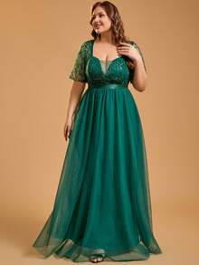 Plus Size Women's Elegant 45+ Contrast Mesh Applique Sequin Evening Gown Wedding Party - Dark Green - View 6