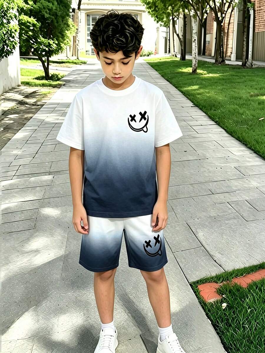 Bộ đồ thường ngày cho bé trai tuổi teen gồm áo thun ngắn tay in hình mặt cười và quần short - trắng - Xem 1