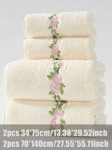 1件/2件/4件 玫瑰刺繡珊瑚絨毛巾浴巾，超柔軟、吸水、親膚、不掉毛、快乾，手巾、戶外泳池毛巾、毯子、午睡毯，成人情侶居家日常用臉部洗浴手巾，男女髮乾毛巾 70*140cm 浴室浴巾，34*75cm 面巾或特大號 90*170cm 浴巾，40*80cm 毛巾 - 米色 - 查看 14