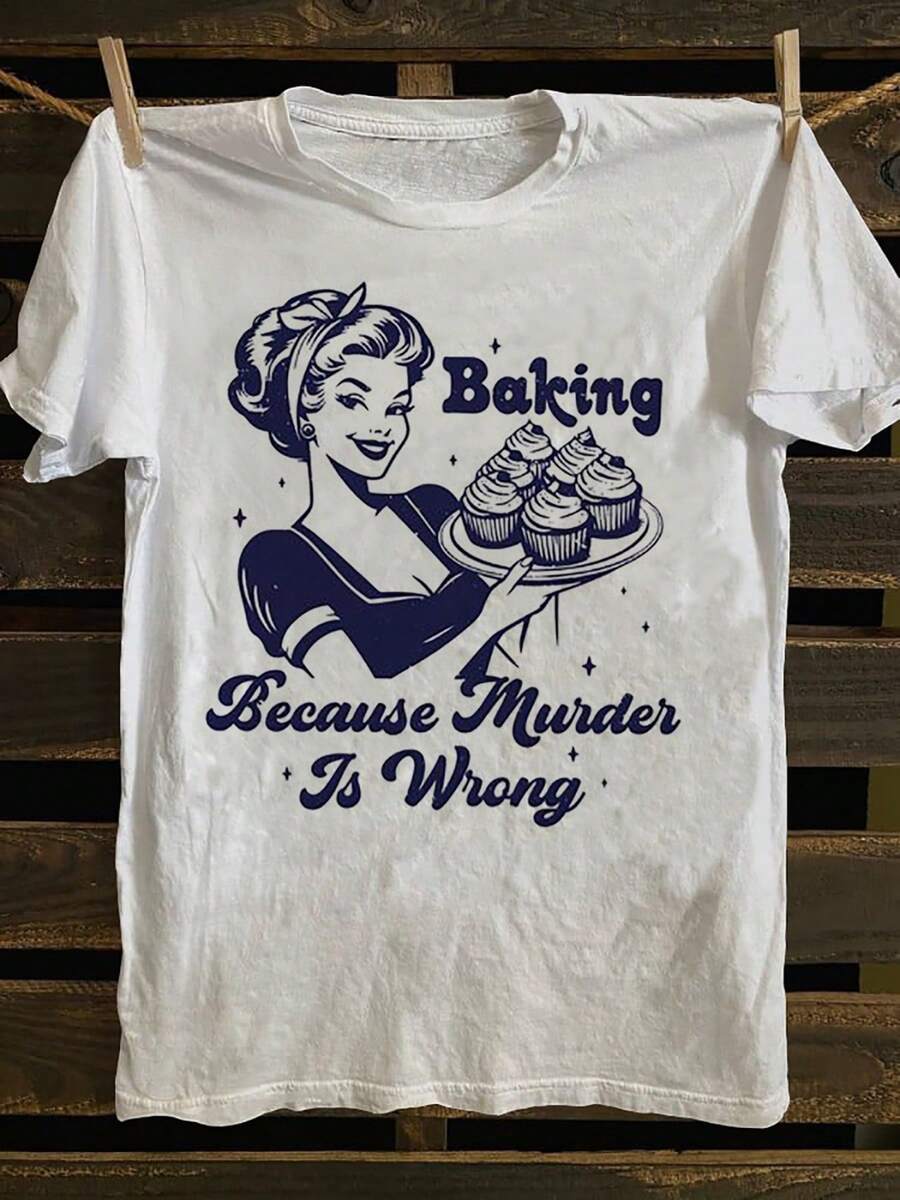 1 camiseta de mujer estampada a la moda, cómoda y relajada, de cuello redondo, adecuada para todas las estaciones, top casual elegante, entrega local, top de algodón puro para el verano, ese - Blanco - Ver 1