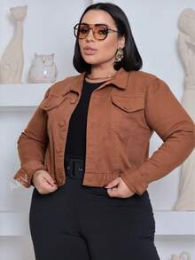 Women's Plus Size Cropped Denim Jacket With Covered Button Hem, Twill Fabric, Sizes G1 To G4 - 鏽棕色 - 查看 8