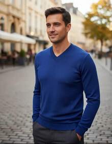 Men's Cold Weather Blouse | Men's Knitted Sweater | Winter Knitted Wool Pullover Long Sleeve V-Neck - 寶藍色 - 查看 2