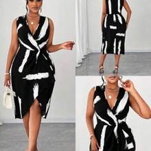 jianchaimaoyi02 Maweii Vestido sin mangas con cuello en V y estampado de talla grande - Blanco y Negro - Ver 1
