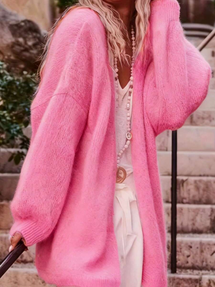 Cardigan en tricot unicolore décontracté pour femmes grandes tailles, élégant et polyvalent, coupe ample, manches longues, rose automne/hiver - Rose bonbon - Voir 1