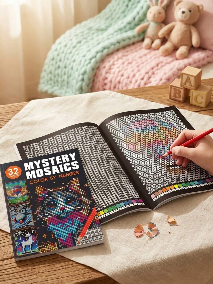 32入 MYSTERY MOSAICS 數字填色繪本－趣味像素藝術著色書，療癒可愛生物，放鬆舒壓創意休閒活動，完美早教禮物，適合生日／節日送禮