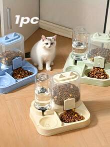 2-In-1 Cat Food And Water Bowl Set: Dry And Wet Separation Design, Made Of Plastic, Combines Feeding And Drinking Functions In One Unit, Easy To Clean - Multicolor - View 1