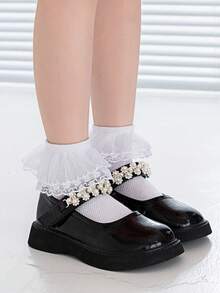 Calcetines cortos de danza para niñas, blancos, de doble capa, con ribete de encaje, estilo princesa, de malla plana y transpirables - Blanco - Ver 9