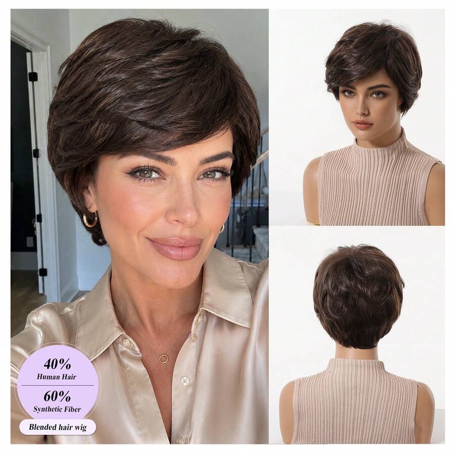 Wig Pixie Pendek Wanita, Wig Berlapis Cokelat Tua dengan Poni Penuh, Tampilan Alami dan Menawan, Jaring Rambut Bernapas, Serat Tahan Panas, Lembut dan Ringan, Tidak Licin dan Nyaman, Cocok untuk Pemakaian Sehari-hari, Bepergian dan Beraktivitas di Luar Rumah - Coklat - View 1