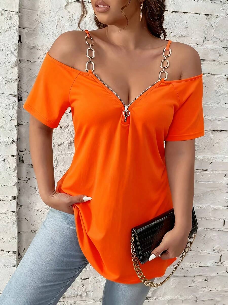 Women's Plus Size Plain Off-Shoulder Top - 橘色 - 查看 1