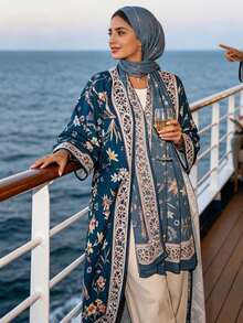 2pcs Set Hijab + Open Abaya, Dubai Islamic Muslim Modest Floral Print Cardigan Headscarf Hijab For Women's Daily Wear - Multicolor - View 3