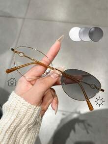 1pc Photochromic Y2K Gold Thin Frame Cat Eye Glasses With Case, Women's Daily Spring/Summer New Item, Non-Prescription Decorative Glasses, No-Makeup Look Accessory - Multicolor - View 13
