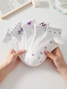 5 Pairs Women Cute Bow Pattern Short Socks Ankle Socks Casual Lace Ruffled Socks, Soft, Breathable, Suitable For All Seasons, Random Colors - Multicolor - View 7